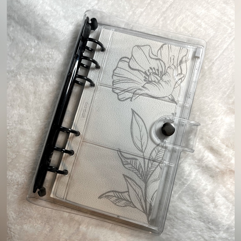 Personal A6 Clear PVC Binder. 20mm 6 Black Round Rings. Snap Button Closure.